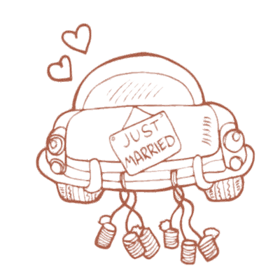 Hand-drawn 'just married' car with trailing tin cans and floating hearts